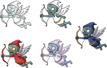 Zombie cupid characters, cartoon undead archers, flying zombie with bow, love-themed horror, funny zombie angels, Valentine’s Day undead, scary love arrows