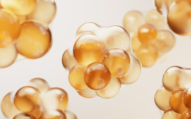 Transparent golden bubbles background, 3d rendering.