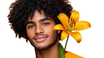 Young Man with Curly Hair and Lily, Transparent Background