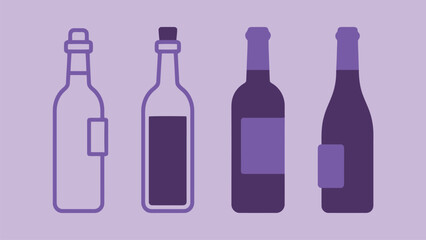Set of wine bottle icons in a simple, flat style, representing alcoholic beverages, drinks, and vineyard concepts.