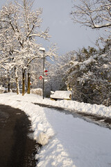 Snow-covered bench in a quiet park