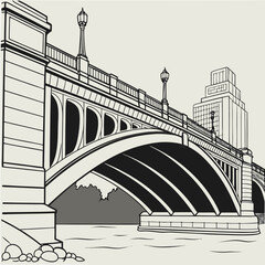 Illustration of a city bridge with architectural details, urban landscape and river view, for design