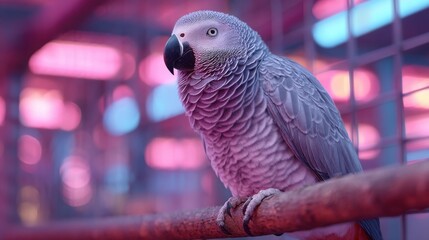 Obraz premium Captivating gray parrot perched on a branch inside a vibrant, illuminated birdcage