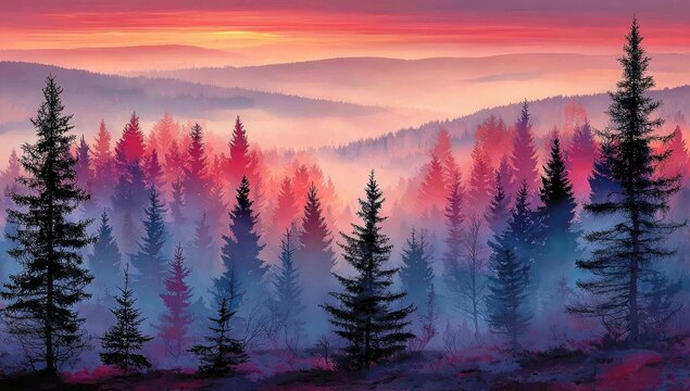 Hazy mountain vista at dawn. Silhouetted fir trees stand against a colorful pink, orange, and purple sky with rolling hills visible through the mist
