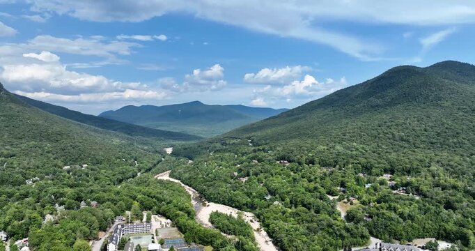 Aerial view of Lincoln, New Hampshire and White Mountains on a summer day