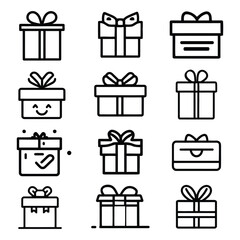 Collection of twelve different gift boxes with ribbons and bows in a simple black and white outline style