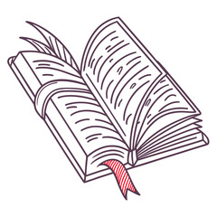 Vector art of an open book with a feather bookmark, , drawn in a simple line art style, representing knowledge and education