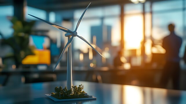 Wind turbine model on desk showcasing renewable energy and sustainable technology for a cleaner future