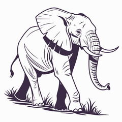 Vector art of elegant line art of an elephant gracefully walking on grass, , showcasing its majestic tusks and powerful trunk