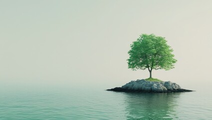 A solitary tree stands sentinel on a tranquil island, bathed in a soft, pale light, showcasing a serene and peaceful ambiance.