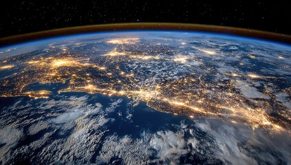 Fototapeta premium Earth at night, city lights illuminating continents. Vast expanse of the planet, illuminated by urban areas. Clouds drift over the dark blue oceans. Stars punctuate the inky blackness of space