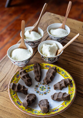 Tsampa sweet and yak milk yogurt, a typical Tibetan dish, Xiamalongcun Tibetan Village, Tagong (Lhagang), Garzê Tibetan Autonomous Prefecture, Sichuan,  China