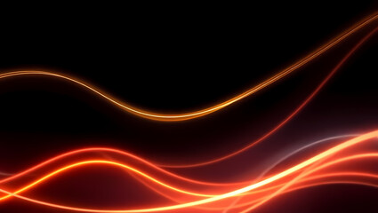 Abstract design with flowing, orange-red light trails on a dark background.