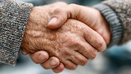 Fototapeta premium Close-up of two weathered hands shaking