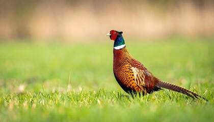 Naklejka premium A vibrant ring-necked pheasant stands gracefully amidst a field of lush green grass.