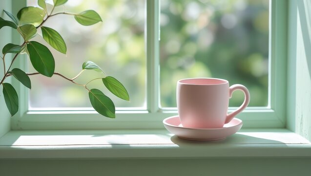 A pale pink coffee cup and saucer rest on a light mint green windowsill, bathed in the soft sunlight filtering through the windowpane, showcasing a tranquil and peaceful scene.