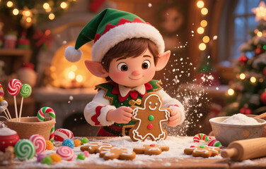 Adorable Christmas elf baking gingerbread cookies in a festive kitchen, sparkling flour floating in the air, colorful candy decorations, and warm twinkling fairy lights