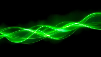 Abstract glowing green waves flowing across a black background, creating a dynamic and vibrant visual effect.