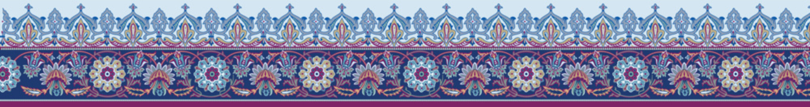 An elegant seamless border with intricate ethnic ornamentation. Inspired by Persian and Indian textile art, this design features rich blue and purple tones. Ideal for luxury fabrics, wallpaper, web ba
