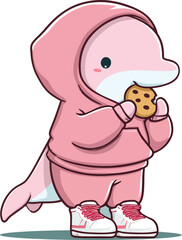 Obraz premium A pink dolphin cartoon character wearing a hoodie and sneakers while eating a chocolate chip cookie