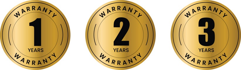 Gold Warranty Badge Vector Set, Premium Guarantee Labels, 1 to 3 Year Product Protection Icons, Luxury Seal Sticker Design for Ecommerce