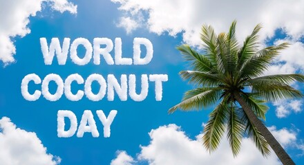 Naklejka premium World Coconut Day tropical celebration with palm tree and blue sky