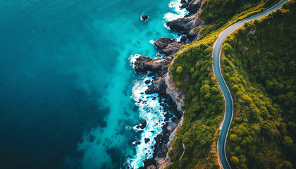 Aerial view of winding coastal road with lush greenery and turquoise sea
