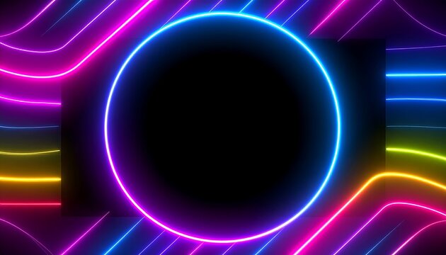 Vibrant neon circle framed by colorful, wavy lines against a black background - Powered by Adobe