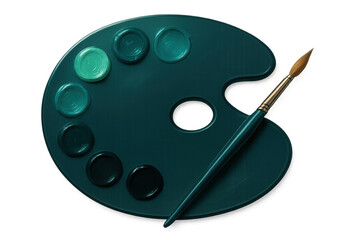 Green palette displaying teal oil paint gradients with paintbrush resting alongside, floating against transparent surface