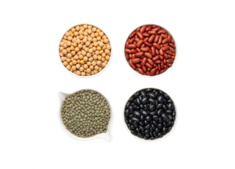 A top view of bean bowls on a white background. These legumes are all classified as pulses (dried edible seeds from plants).