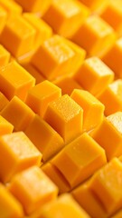 Freshly cut mango cubes arranged in neat rows on a wooden table at a summer gathering