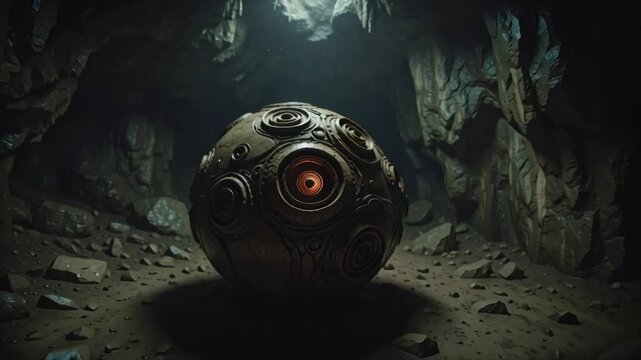 Enigmatic metallic sphere with glowing red eyes discovered deep within a dark, ancient cavern, suggesting a lost technology or extraterrestrial relic