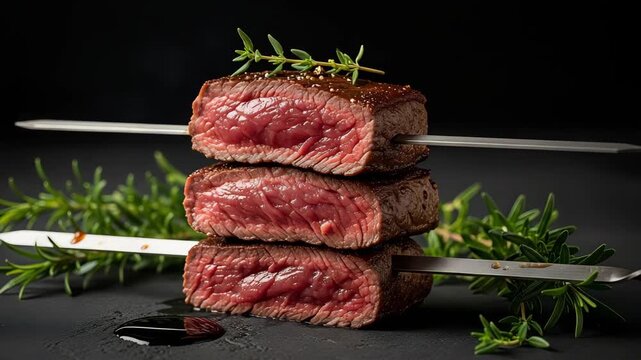 Three juicy and tender steak skewers, stacked and garnished with fresh thyme and rosemary, a delicious gourmet dish for a restaurant or special occasion