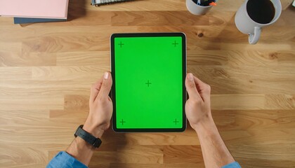 Overhead view of hands holding a tablet with a green screen on a wooden desk