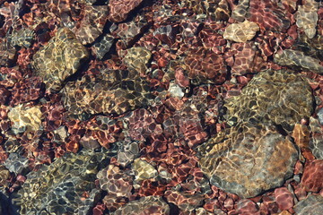 Clear river water flowing over a bed of stones