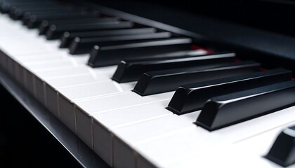 Close-up view of a piano keyboard's black and white keys, showcasing a detailed and polished surface.