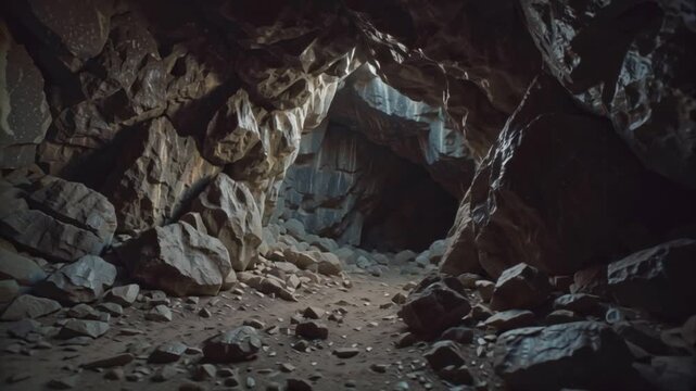 Journey into the Earth's rocky embrace exploring a mysterious, dimly lit cave