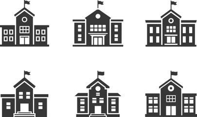 School building icons set, education institution silhouettes, academic campus vector illustrations, flag on roof, classroom windows, flat vector illustration