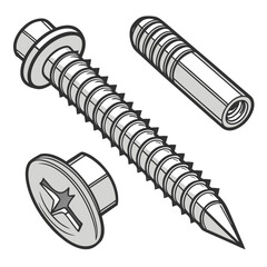 Collection of assorted screws and fasteners including a hex head screw and a threaded bolt