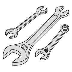 Collection of three metal wrenches including an adjustable wrench and two open ended wrenches on a white background