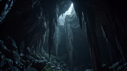 Mysterious Cave Interior with Natural Light Shining Through Open Roof