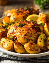 Roasted chicken thighs and potatoes on a white plate, glistening with golden-brown hues and garnished with fresh herbs, create a delicious and comforting presentation.