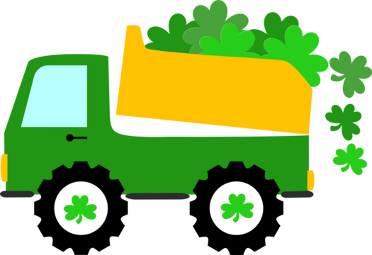 A green dump truck, yellow bed overflowing with shamrocks, black tires with shamrock accents, cartoon style, bright colors, cheerful St. Patrick's Day theme. - Powered by Adobe