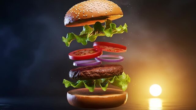 Delicious and visually appealing burger with fresh ingredients like lettuce, tomato, and onion, creating a mouthwatering explosion of flavors and textures