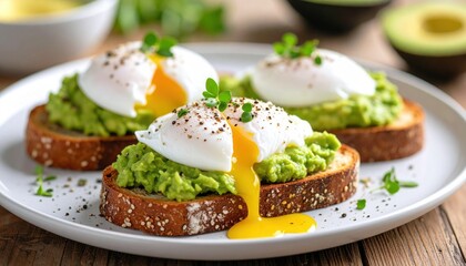 A plate of avocado toast topped with poached eggs capturing modern brunch culture, wellness lifestyle, and the social media trend of aesthetic healthy food moments