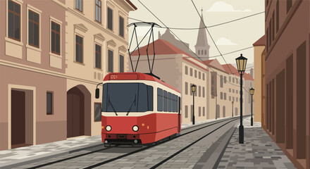 Tram Rolling Through European City Street on a Cloudy Day