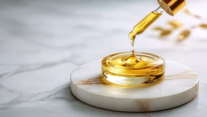 Naklejka premium Golden oil drips from a pipette into a clear dish on a marble coaster; soft focus, bright, natural light