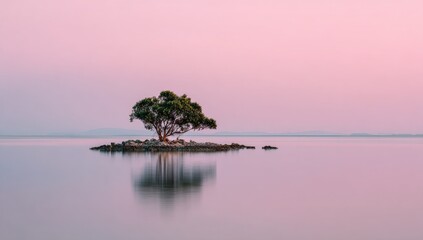 Solitary tree on a small island, tranquil water, soft pink sky
