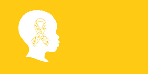 Silhouette of a African American boy with a yellow or gold ribbon symbol on a yellow background with space for text. Banner for mailings and publications, poster and card