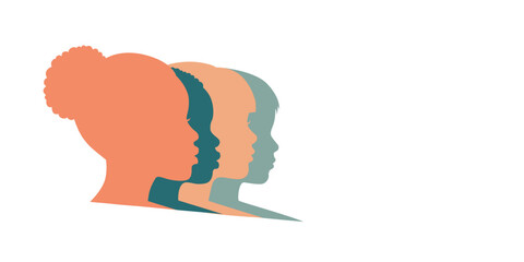 Group of colored silhouettes of children's heads on a white background. Banner about education, school, communication and psychological and physical protection of children with space for text.